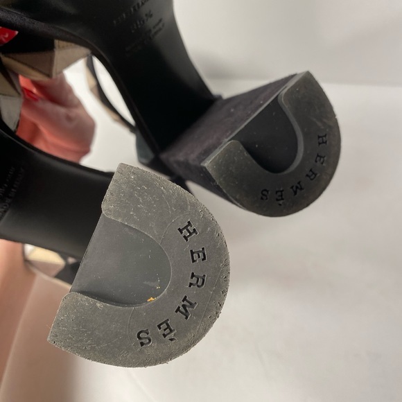 Hermes open toe suede colorblock pumps block heels black 35.5 - Picture 8 of 10